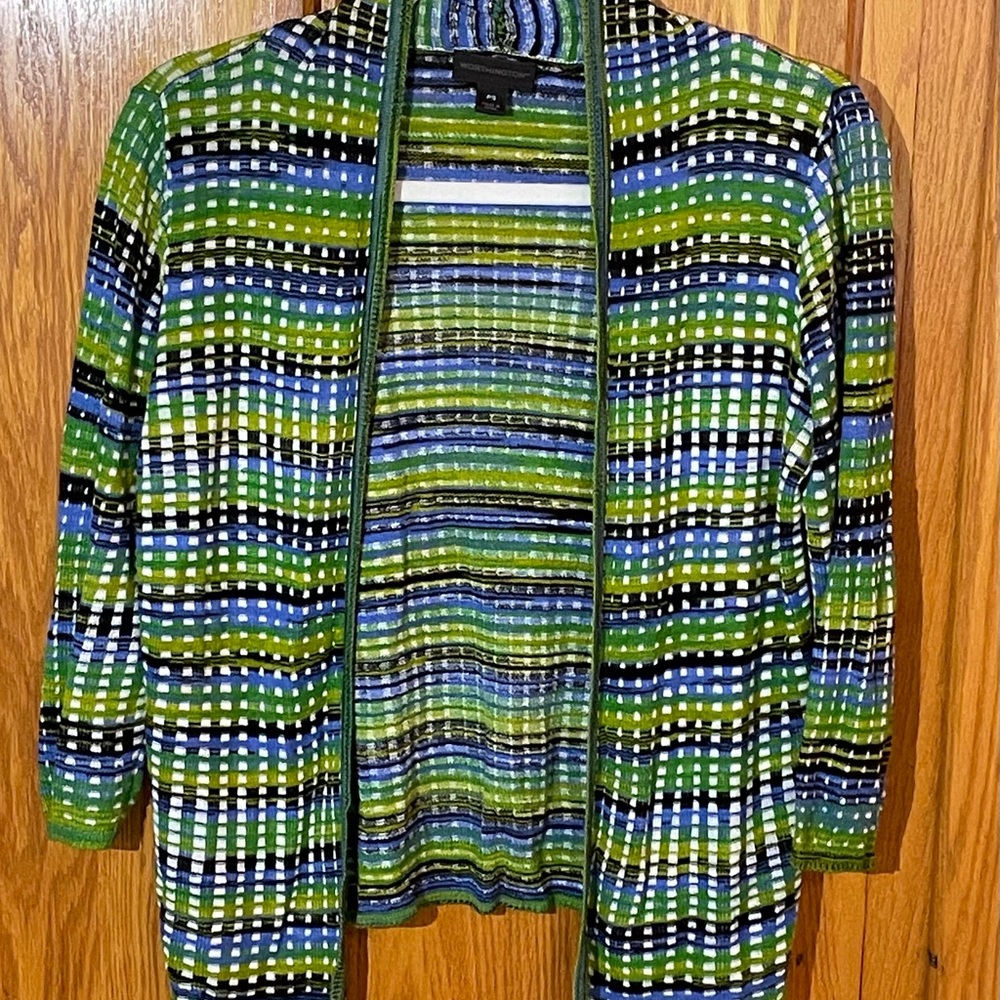 Worthington Green and Blue Cardigan Sweater with Geometric Stripes
